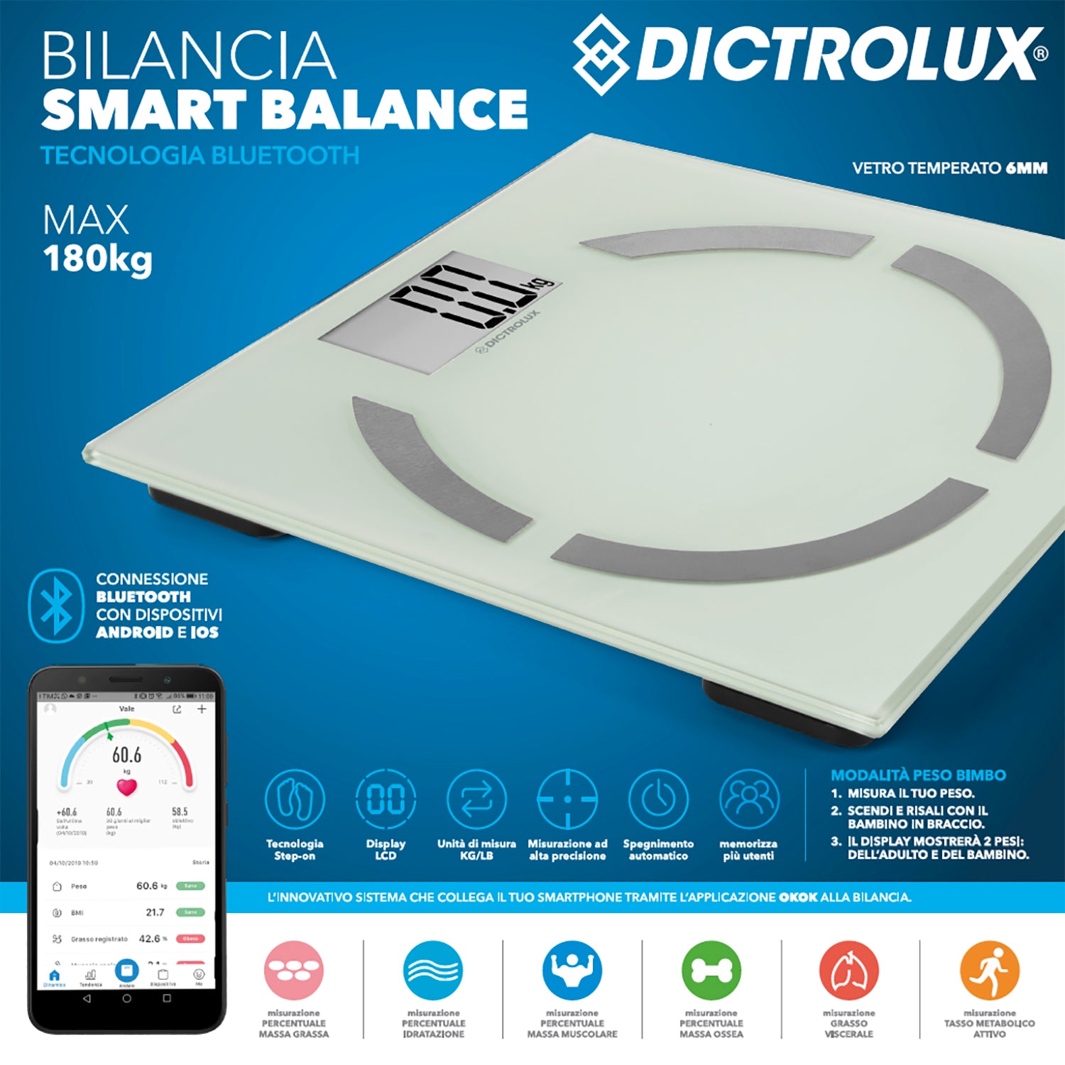 DICTROLUX - Bilancia Smart Balance 180kg - Tecnologia Bluetooth per il Monitoraggio del Peso e della Composizione Corporea